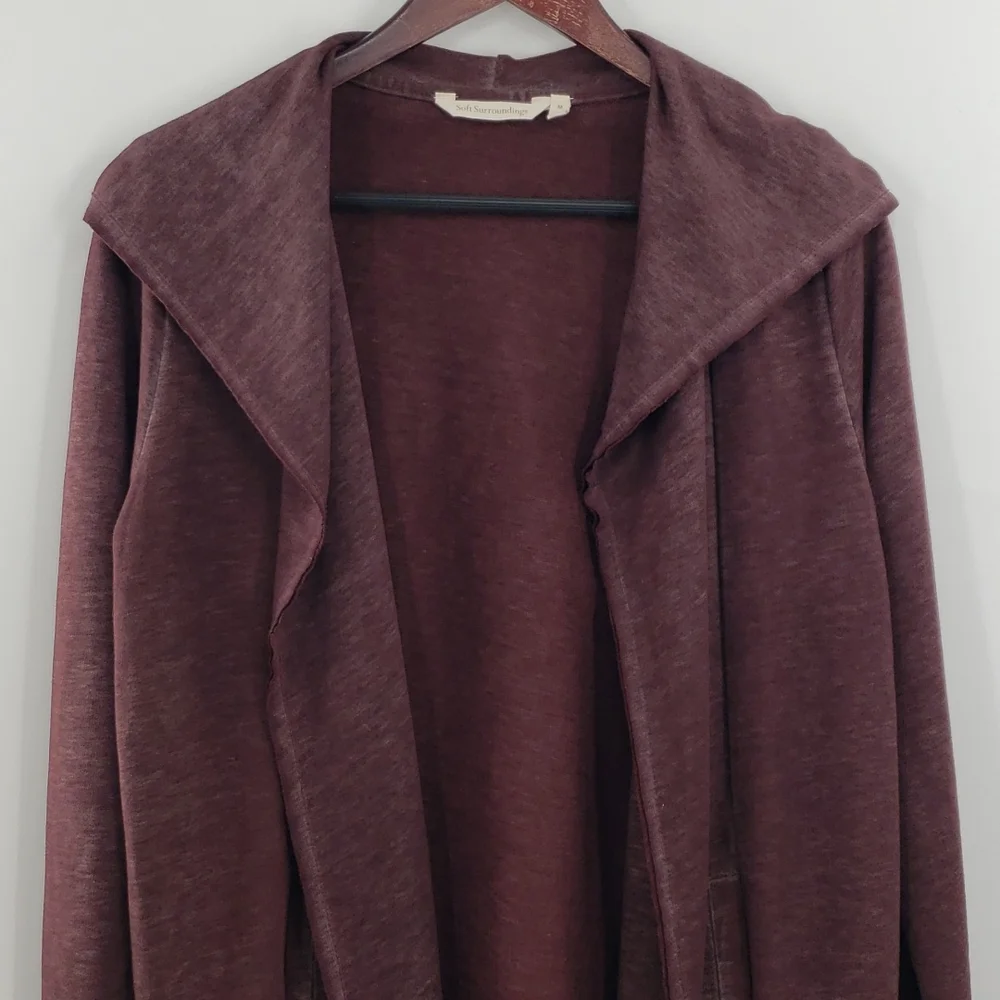 Soft Surroundings Long Hooded Cozy Wine Red Open Front Cardigan Sweater - Picture 2 of 10